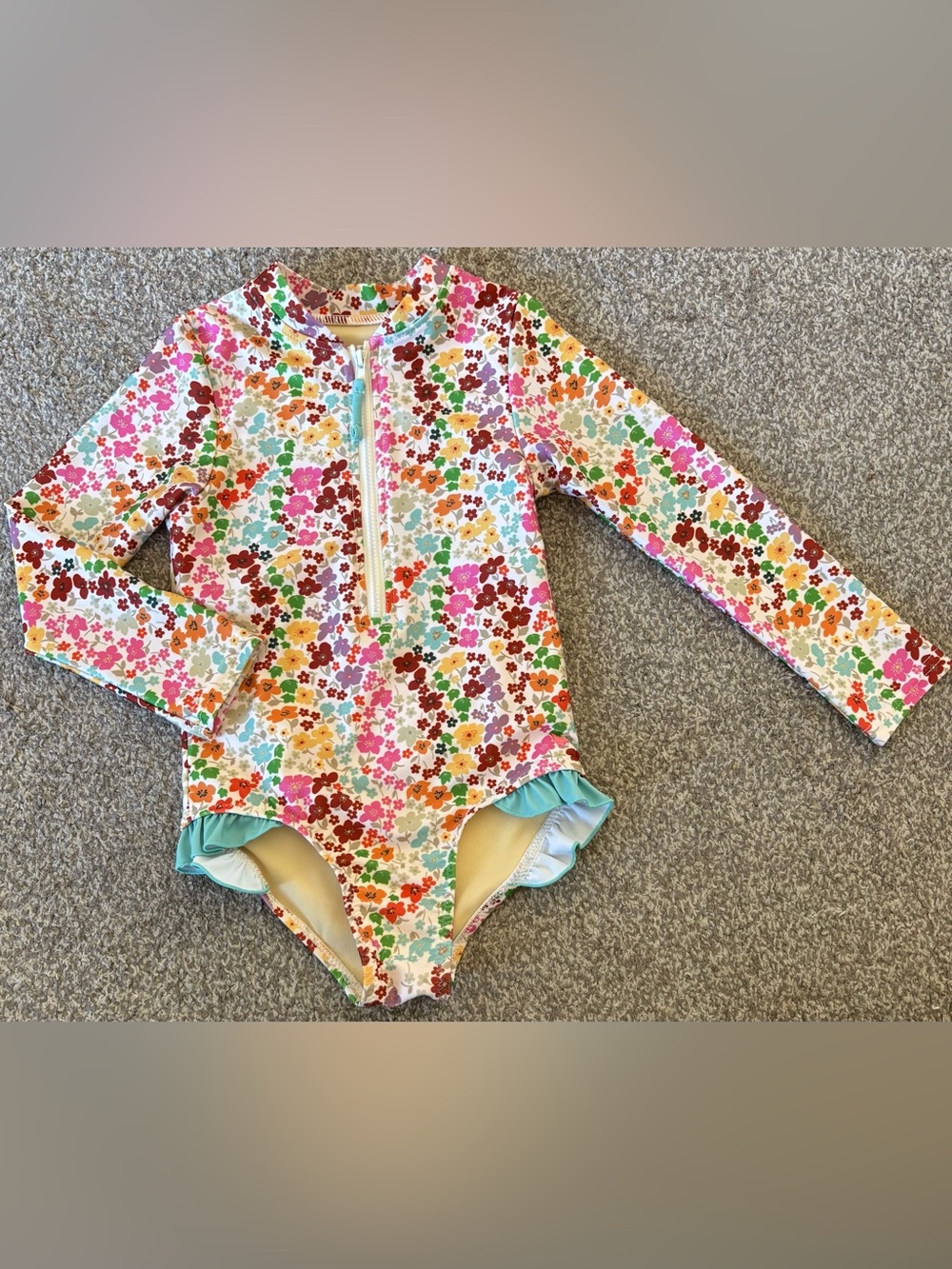 Pink Chicken White Floral Long-Sleeve One-Piece Swimsuit with Aqua Trim